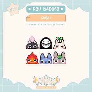 Puede incluir: Seis insignias de personajes de dibujos animados coloridos que representan personajes de las películas de Studio Ghibli. Las insignias están en formato de cuadrícula e incluyen personajes como Totoro, Sin Cara y Calcifer. El texto "P2U Badges" y "Shibli" está en la parte superior de la imagen. El texto "6 Badges in 112/72/36/18 PX" está debajo de las insignias. El texto "POISU" está en la parte inferior de la imagen.