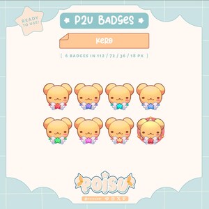May include: Set of six cartoon bear badges with different colored stars and wings. The badges are 112 x 72 pixels and are ready to use. The text on the image reads "P2U Badges", "Kero", and "[6 Badges in 112/72/36/18 PX]".