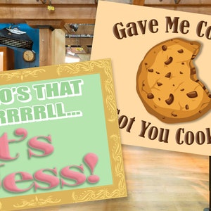 May include: Two signs with a green and pink background. The first sign says "Who's that girrrrl... It's Jess!" The second sign says "Gave me cookie, not you cookie!" with a cartoon image of a chocolate chip cookie.
