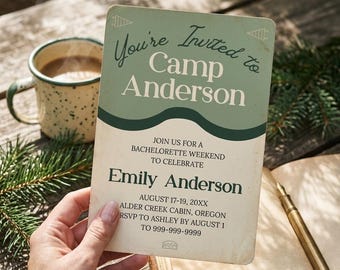 Camp Bachelorette Invitation Suite | Vintage Style Bach Party Invite, Itinerary, Tags (Digital Download)