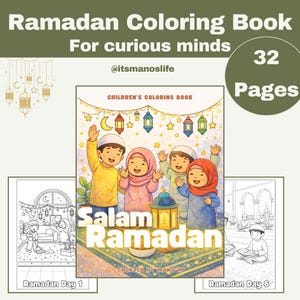 Può includere: Un libro da colorare per bambini intitolato "Ramadan Coloring Book" con il testo "For curious minds". La copertina presenta illustrazioni di bambini e le parole "Salam Ramadan". Il libro ha 32 pagine.
