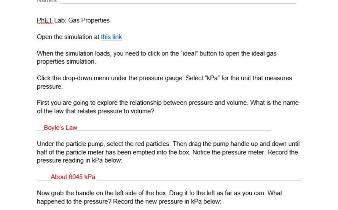 Phet Lab Gas Properties 7th Grade Science ANSWER KEY INCLUDED Etsy