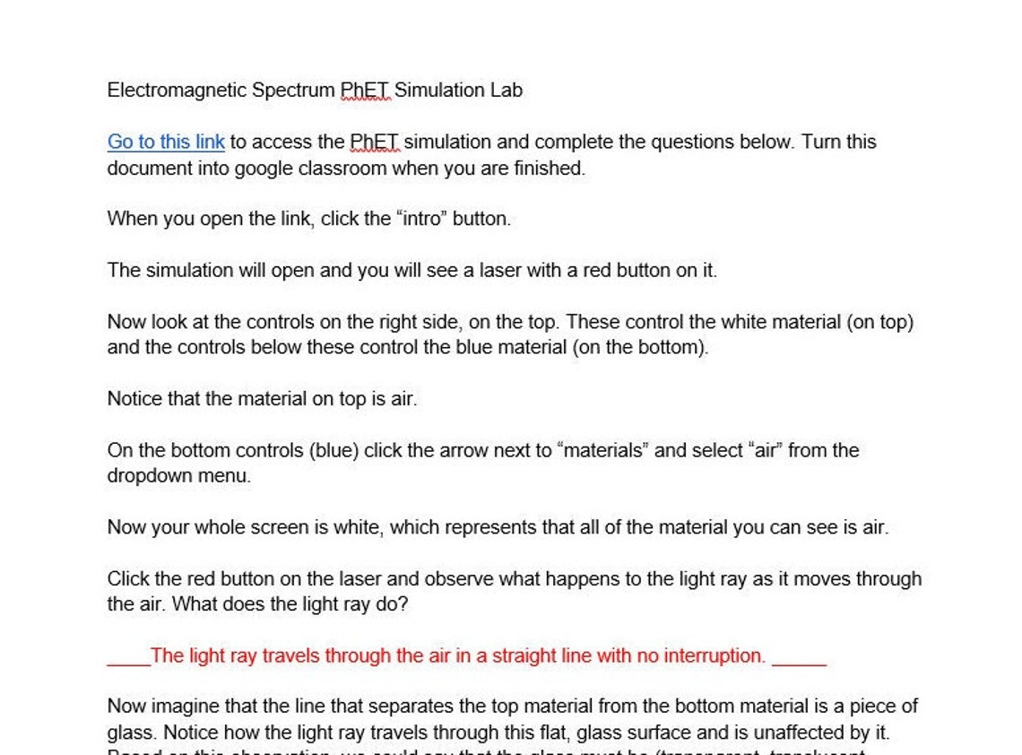 Phet Lab the Spectrum 6th Grade Science ANSWER KEY