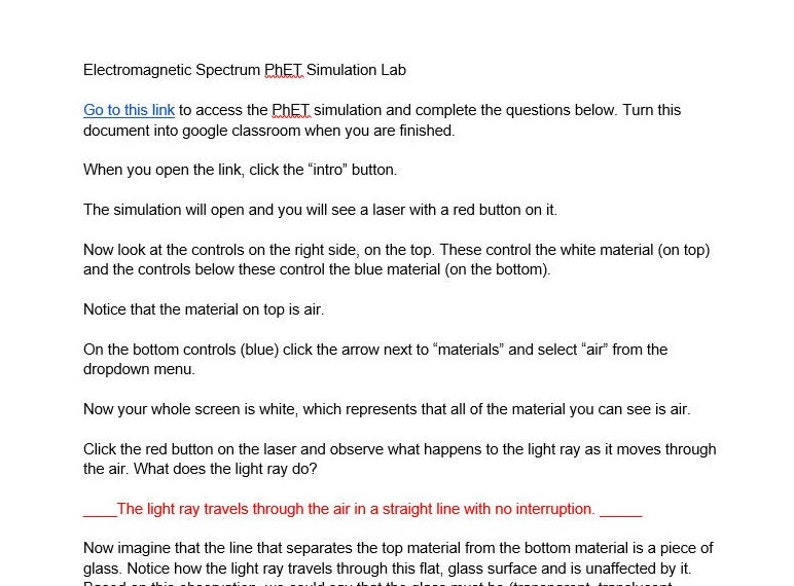 Phet Lab the Spectrum 6th Grade Science ANSWER KEY