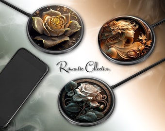 Wireless Charger Pad Universal iPhone Android Original Design Charging Station Medallion Fast Charging Gift Holiday Fantasy Romantic Rose