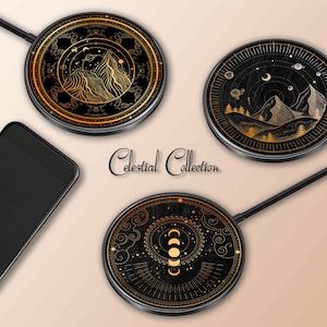 May include: Three black wireless charging pads with gold celestial designs. The designs include a mountain range, a crescent moon, and a starry night sky. The text "Celestial Collection" is printed on the image.