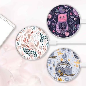 Wireless Charger Pad Universal iPhone Android Original Design Charging Station Medallion Fast Charging Gift Holiday Cat Bird