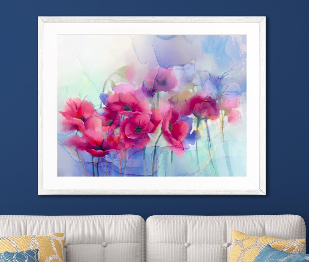 Abstract Poppy Marble Floral Wall Art Decor Contemporary Large Floral ...