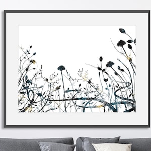 Abstract Wild flowers Wall art Decor Black White Contemporary minimalistic Large Floral Home print