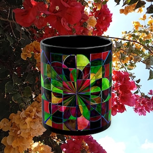 Stained Glass Design Black Ceramic Mug: Birthday Gift Drinkware