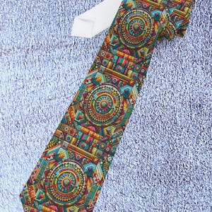 May include: A necktie featuring a vibrant, intricate geometric pattern with repeating circular motifs in shades of red, yellow, teal, and orange. The design includes small squares, rectangles, and lines arranged in a complex, colorful mosaic layout.
