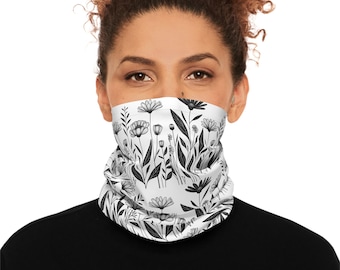 Wildflower Neck Gaiter, Black and White Floral Scarf