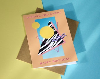 Birthday Card with Memphis Style Design - 80's & 90's Colorful Retro Style - 10,5x14,8 cm - Orange/Blue/Yellow/Pink - Greeting Card