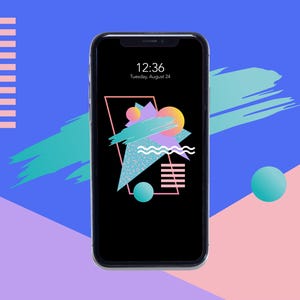 May include: A smartphone with a black screen displaying a colorful geometric design. The design features shapes in teal, pink, yellow, and purple. The time 12:36 and the date Tuesday, August 24 are displayed on the screen. The background is a mix of blue, pink, and purple.