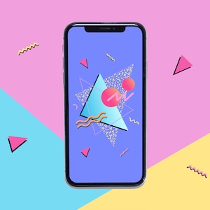 Könnte beinhalten: Ein Smartphone mit einem blauen Bildschirm, der ein Retro-Design der 80er Jahre zeigt. Das Design zeigt ein türkisfarbenes Dreieck, rosa Kreise und Zickzacklinien. Der Hintergrund ist eine Mischung aus Rosa, Blau und Gelb.