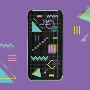 May include: A smartphone with a black background and a geometric pattern in pink, yellow, blue, and green. The time is 12:36 and the date is Tuesday, August 24.