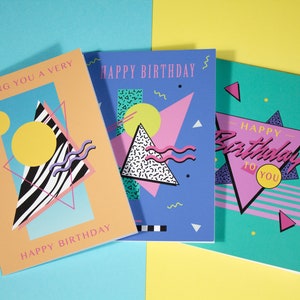 Lot de 3 cartes d'anniversaire de style Memphis - Style rétro coloré des années 80 et 90 - 10,5 x 14,8 cm - Orange/Bleu/Vert - Cartes de voeux