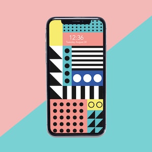 May include: A smartphone with a geometric pattern wallpaper in black, white, yellow, blue, red, and pink. The time is 12:36 and the date is Tuesday, August 24.