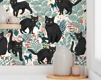 Black Cat In The Garden Printed Wallpaper ,Peel and Stick, Wall Decoration Wallpaper, Modern Wall Décor , Removable Wallpaper