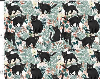 Black Cat Floral Garden Fabric - Black Cat In The Butterfly Garden, Cat Flowers Cotton Fabric By The Yard