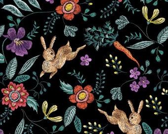 Embroidery Flowers, Rabbits, Carrots Printed Luxury Velvet Digital Fabric, Cushion, Upholstery Home Decor, Chair And Sofa Furnishing Fabric