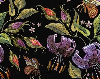 Embroidery Tiger Lillies And Butterfly Printed Luxury Velvet Fabric Digital Fabric,Upholstery Home Decor, Chair And Sofa Furnishing Fabric