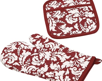 Yourtablecloth Set of Oven Mitt and Pot Holder or Oven Gloves-100% Cotton, High Heat Resistance, Superior Protection & Comfort–Elegant...