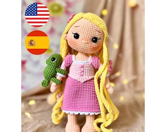 Amigurumi Crochet Pattern: Princess Rapunzel Doll and Chameleon Pascal | English and Spanish PDF