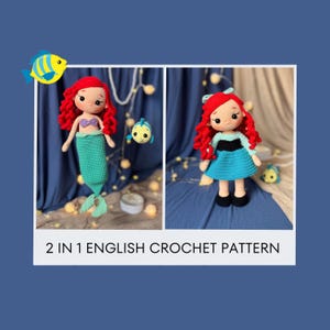 Amigurumi Crochet Pattern: Princess Mermaid Ariel Doll and Fish Flounder | 2-in-1 Bundle Outfits | English PDF