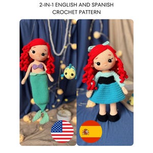 Padrão de crochê Amigurumi: Boneca Princesa Sereia Ariel e Peixe Linguado | Conjunto 2 em 1 | PDF em inglês e espanhol