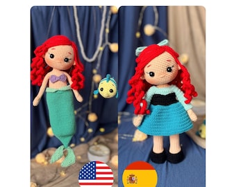 Amigurumi Crochet Pattern: Princess Mermaid Ariel Doll and Fish Flounder | 2-in-1 Outfits | English and Spanish PDF