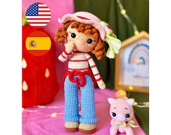 Amigurumi Crochet Pattern: Strawberry Girl Doll and Pink Cat | English and Spanish PDF