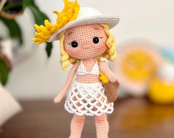 Handmade Crochet Blonde Summer Girl Doll with Bikinis: Cotton Amigurumi Toy