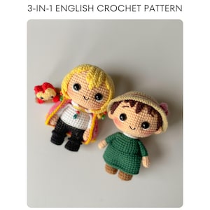 May include: Two handmade crochet dolls, one with blonde hair and a pink and white coat, the other with brown hair and a green dress. The dolls are on a white surface. The text "3-IN-1 ENGLISH CROCHET PATTERN" is at the top.