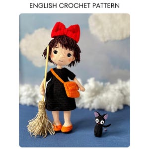 Patrón de amigurumi a crochet: Brujita y gatito negro / PDF en inglés