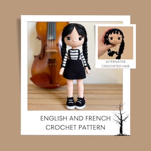 Crochet Pattern for Wednesday Addams with Alternative Crocheted Hair Wig (English (US Terms), French and Turkish PDF)