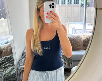 Embroidered Sorority Tank Top: Navy Blue Shirt, Custom Greek Letter, Sorority Merch, Sorority Apparel Gift, Bid Day,