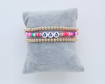 Sorority Bracelet Stack, 3 Piece Set- Personalized Greek Letter Sorority Bracelet bundle, 14K gold-filled beaded + multi color bracelets