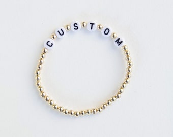 Personalized Name, Initials, Custom Letters, 14K Goldfill Bead Bracelet, Water Resistant, Elastic Stretch, stacking bracelet,
