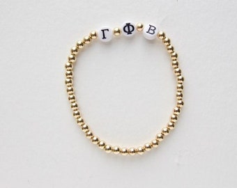 Gamma Phi Beta Gift, 14k Gold Filled Sorority Bracelet, GPHI Sisterhood, Back to School, Water Resistant, gold beaded bracelet gifts for her