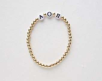 Alpha Omicron Pi Sorority Jewelry Gift, 14k Goldfilled Beaded Bracelet, Water Resistant, Big Little Reveal, Bid Day Gift