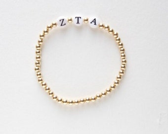 Zeta Tau Alpha Jewelry, 14K Gold Filled Sorority Bracelet, Sorority Recruitment, Gold Bead Bracelet, Greek Letters, ZTA, sorority letters