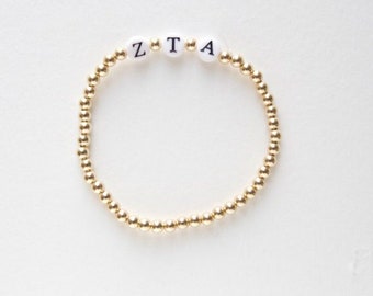 Zeta Tau Alpha Jewelry, 14K Gold Filled Sorority Bracelet, Sorority Recruitment, Gold Bead Bracelet, Greek Letters, ZTA, sorority jewelry