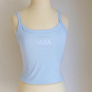 Custom Greek Letter Tank Top, Light Blue Tank, Embroidered Sorority Merch, Sorority Apparel Gift, Bid Day,