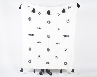 Aztec Minimalist Monochrome Blanket Throw Rug White Black Embroidered Woven Soft Cotton Throw with Tassels Eco Friendly, Sustainable