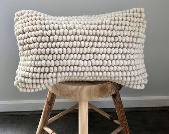 Boho Wool Beige Off White Lumbar Textured Hand Made Cotton Cushion Cover Bohemian Cotton Cushion 50 x 35cm