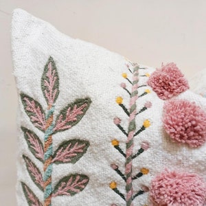 Boho Cushion Cover Bohemian Hand Embroidered Cushion Floral Pom Pom Cotton Cushion, Eco Friendly, Sustainable Cushion. 50 x 50cm image 3