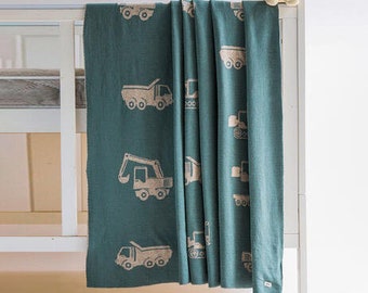 Boys Baby Cotton Blanket Construction Digger Truck Green Natural Pluchi