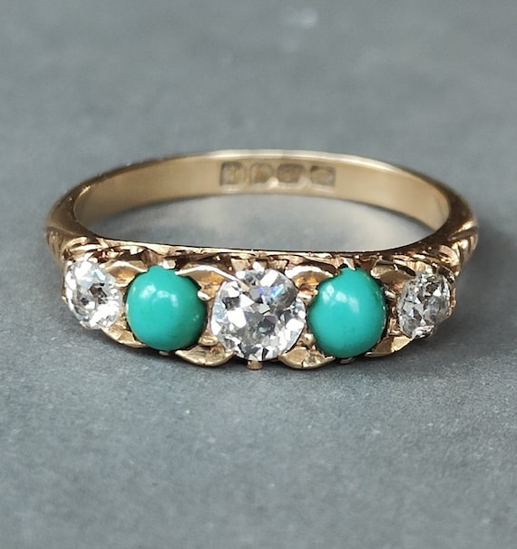 Edwardian 18ct Gold Turquoise Diamond Five Stone … - image 3