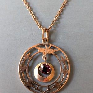 Victorian 9ct rose gold almandine garnet bird pendant and chain